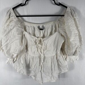 Zara White Puff Sleeve Peplum Tie- Front Blouse